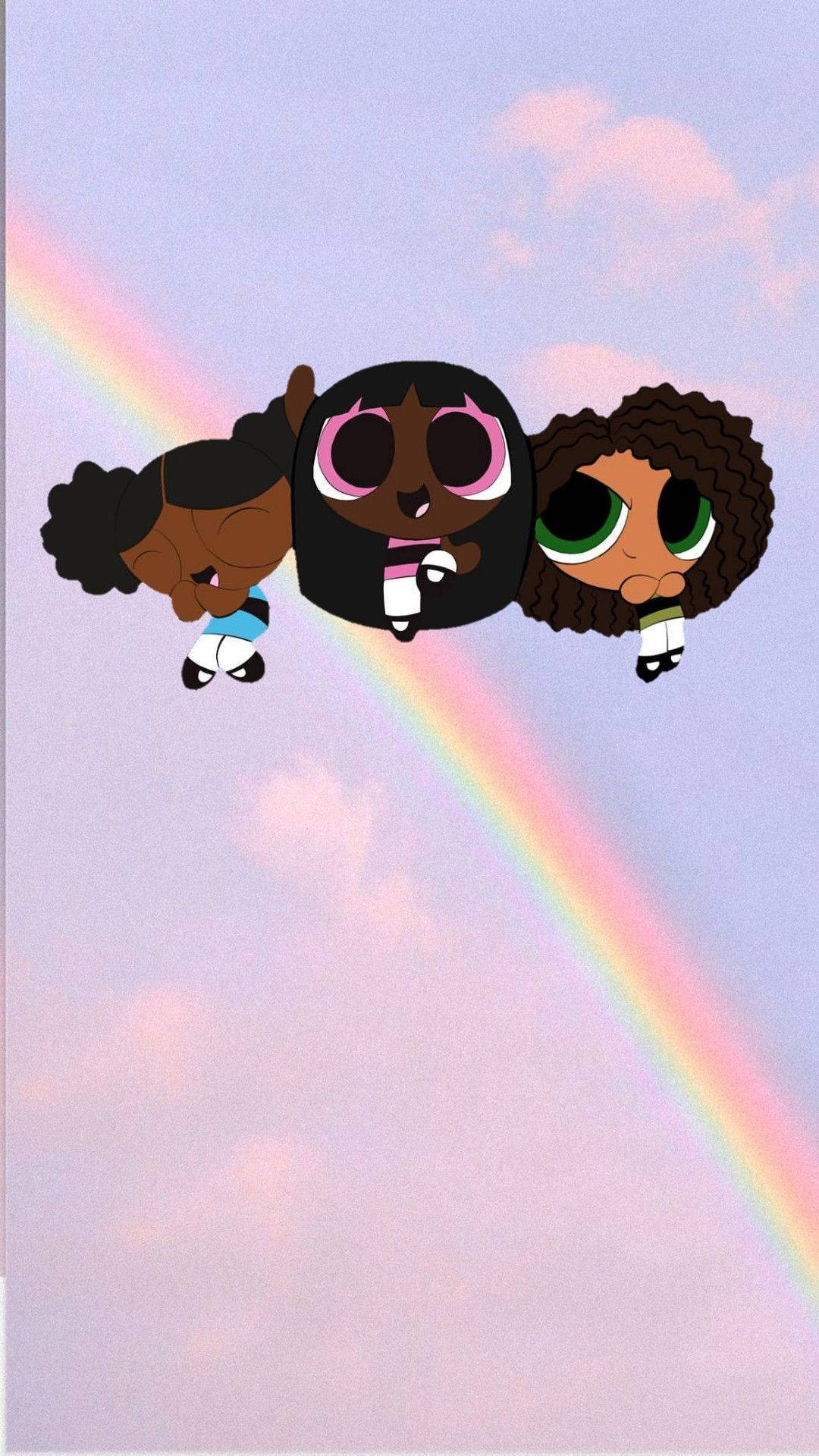 Powerpuff Girls 桌布 壁紙 — 三個卡通女孩飛過粉彩色的天空，身後有一道鮮豔的彩虹拱起。