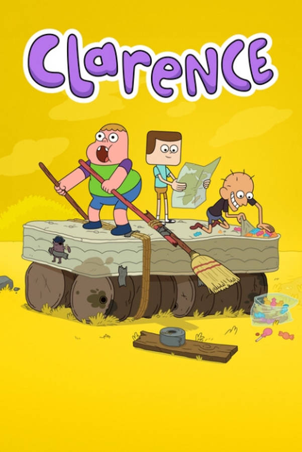 Animated 桌布 壁紙 — 三個卡通小孩在用木頭和床墊做成的臨時坦克上玩耍，背景是明亮的黃色天空。