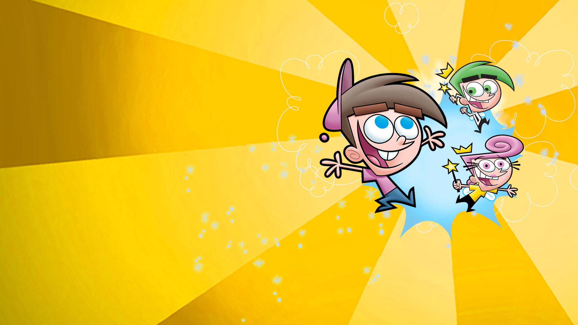 The Fairly Oddparents 桌布 壁紙 — 三個卡通小孩拿著魔杖從藍色星爆中衝出，背景是耀眼的黃色。