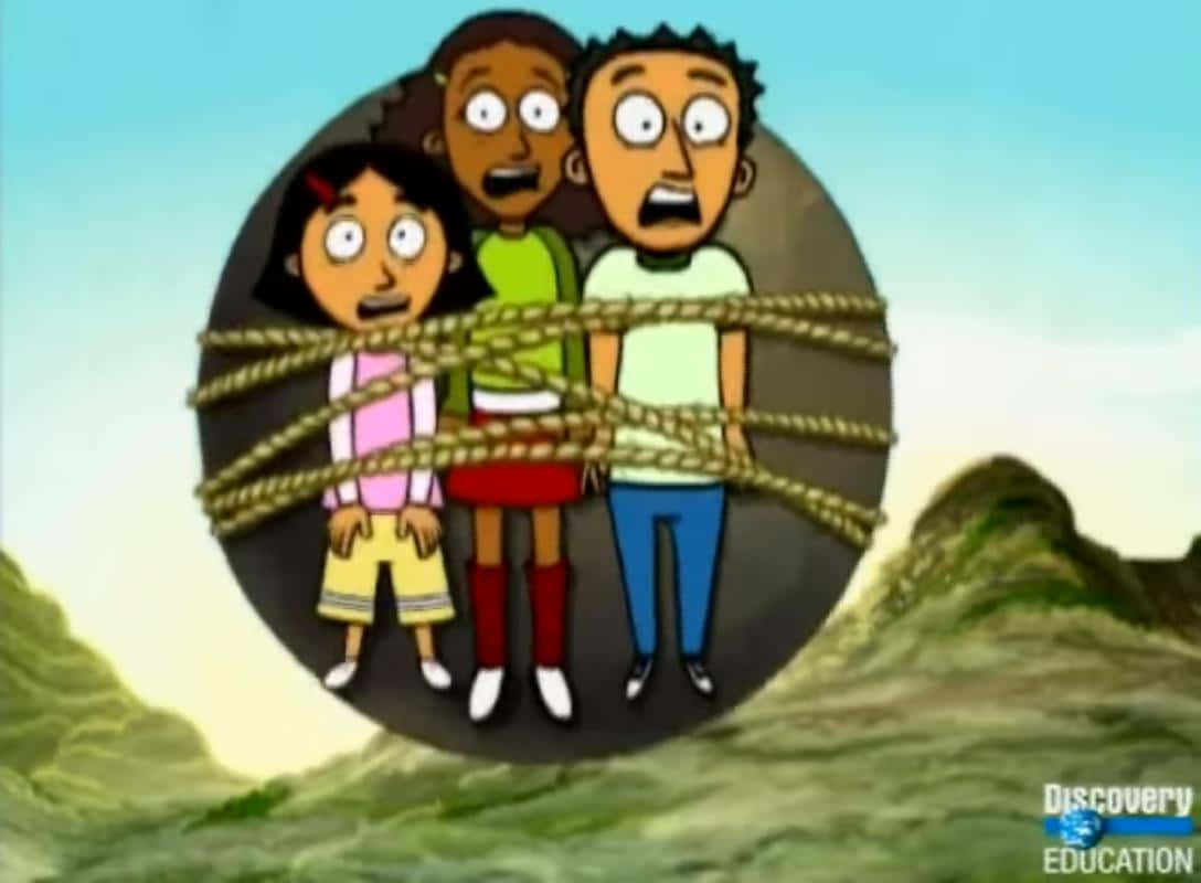 Tv Series 桌布 壁紙 — 三個卡通小孩睜大眼睛，被繩子綁在一起，在一個漂浮的黑色球體內，位於綠色山丘上方。