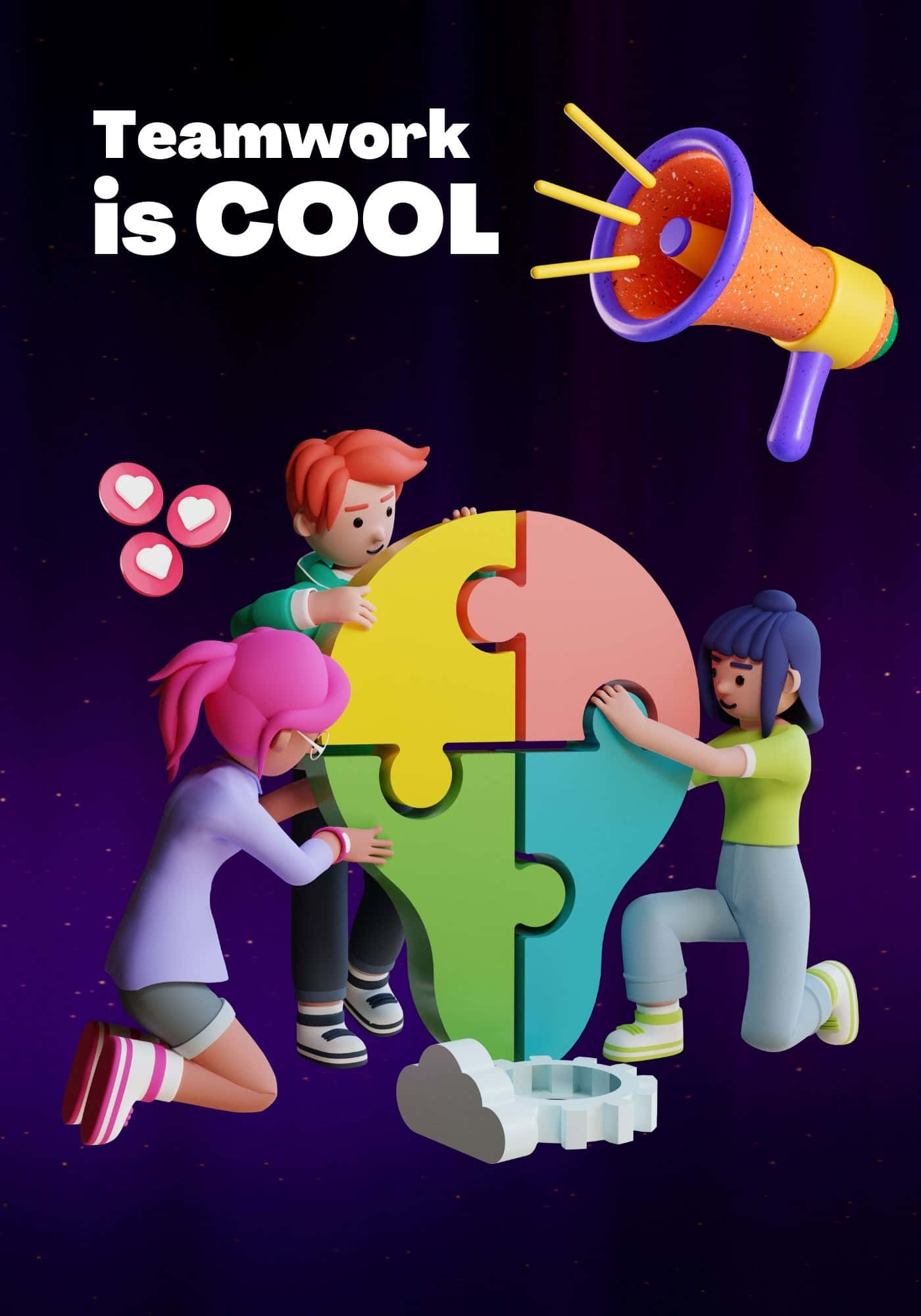 Teamwork 桌布 壁紙 — 三個卡通小孩組裝一個巨大的彩色拼圖塊，同時一個擴音器大喊團隊合作很酷，背景是星空。
