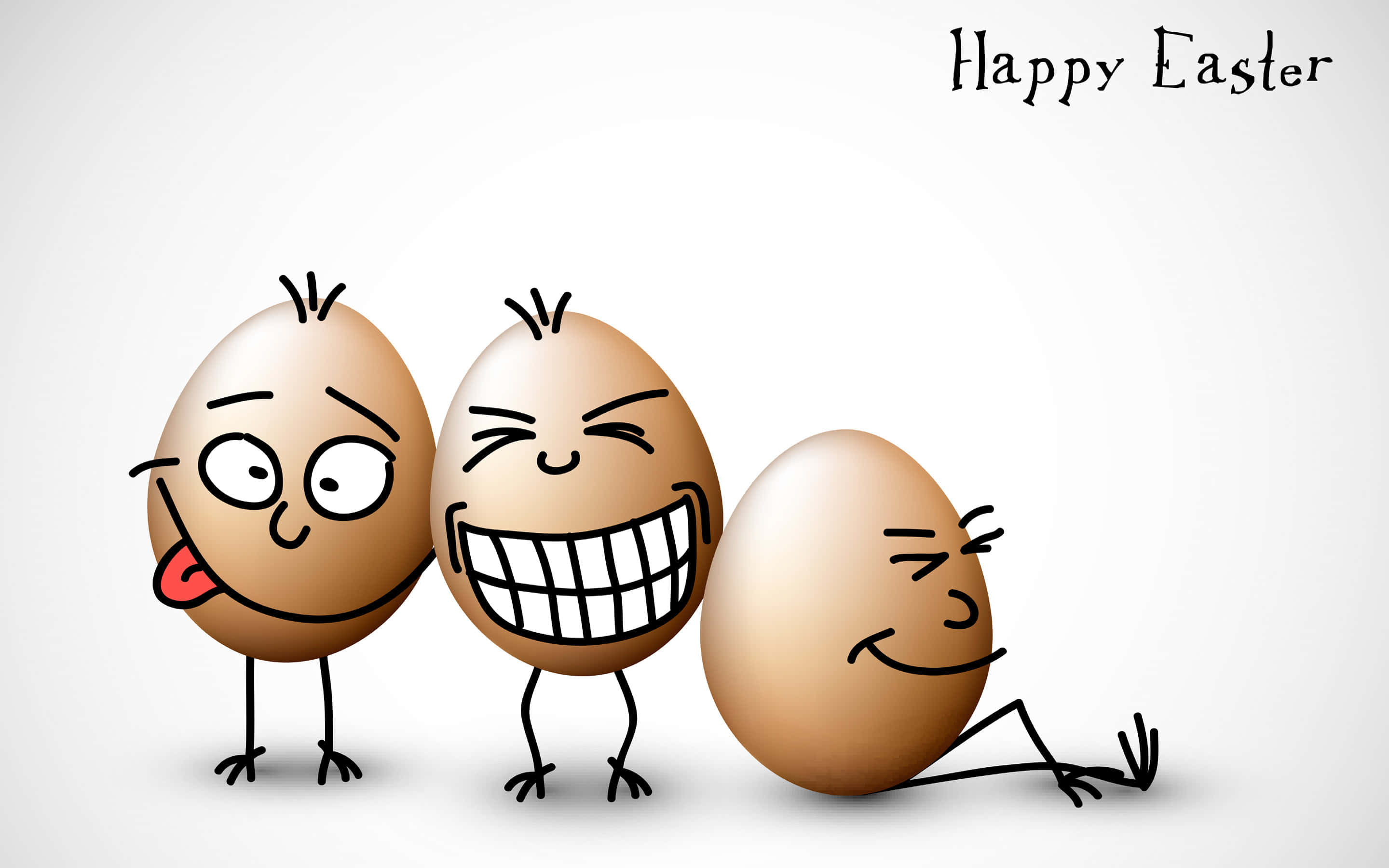 Happy Easter 桌布 壁紙 — 三個卡通復活節蛋，帶有滑稽的臉和四肢，在純白色背景上愉快地擺姿勢。