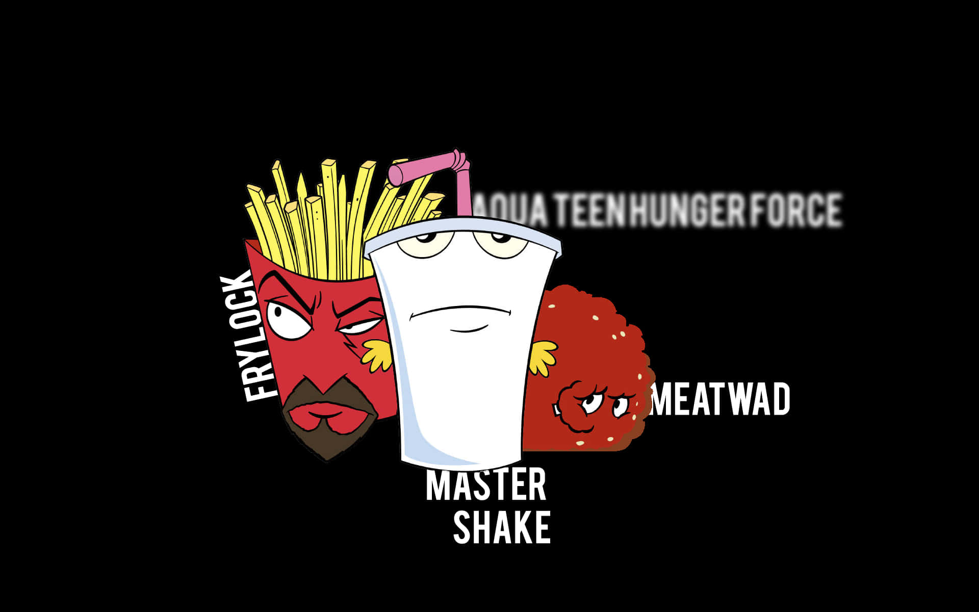 癢癢鼠戰隊 桌布 壁紙 — 三個卡通快餐角色 Frylock、Master Shake 和 Meatwad 站在黑色背景前，名字被標記。