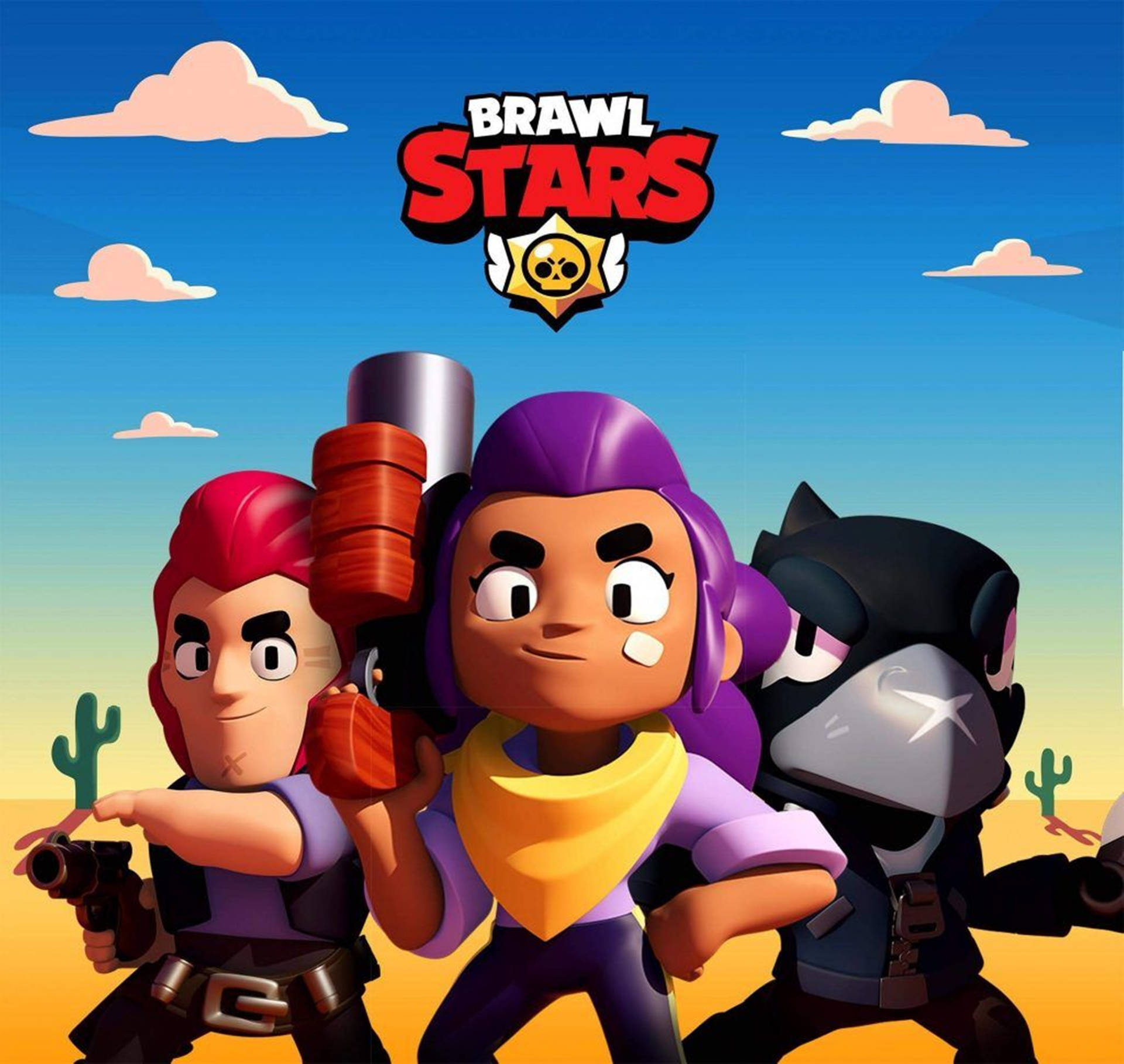 三個 Brawl Stars 角色在沙漠環境中，有仙人掌和藍天。