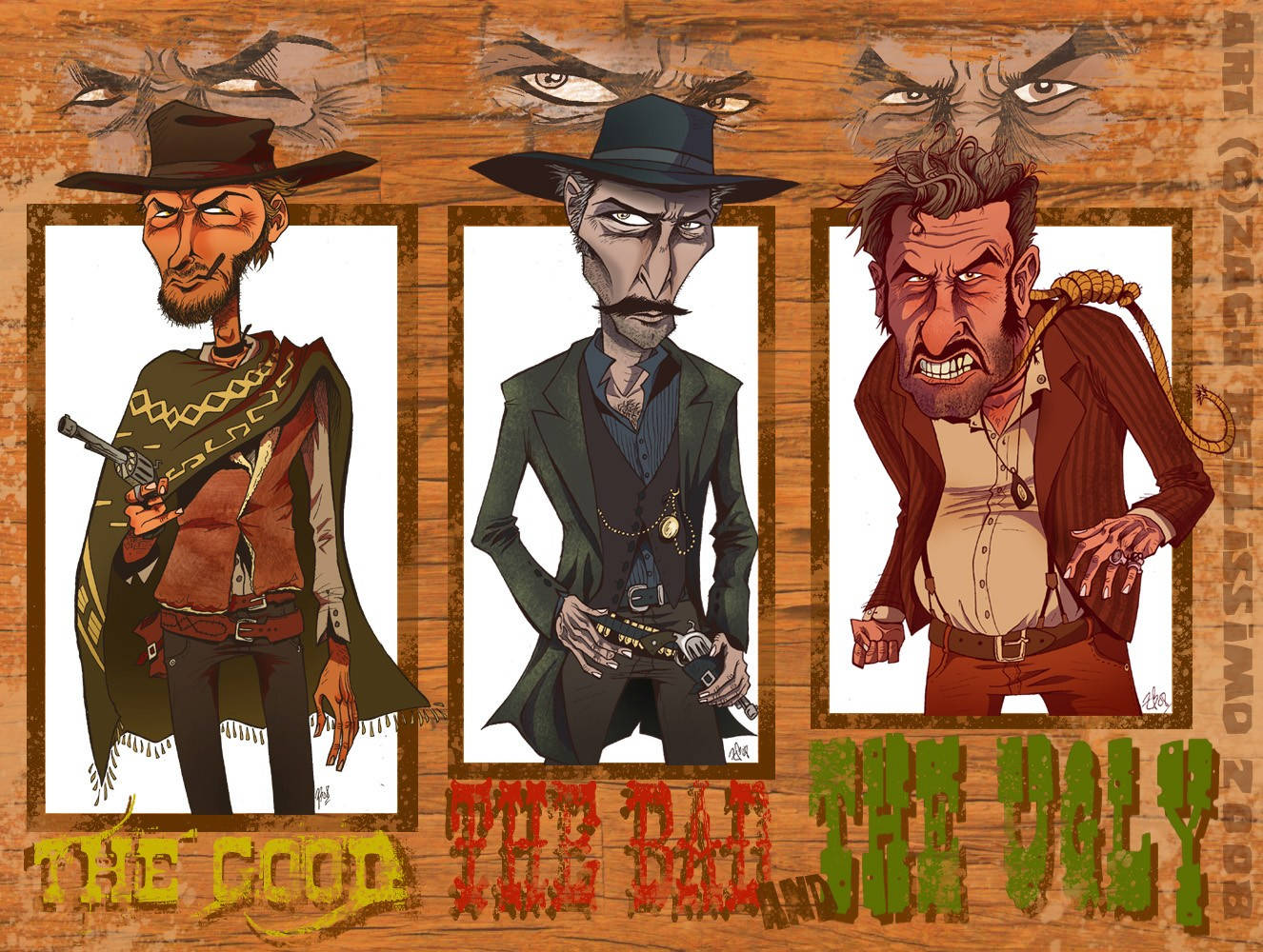 電影動圖 桌布 壁紙 — 三個卡通牛仔角色，標有「The Good The Bad and The Ugly」，在木質背景上以框架形式站立，上方有威脅性的眼睛。