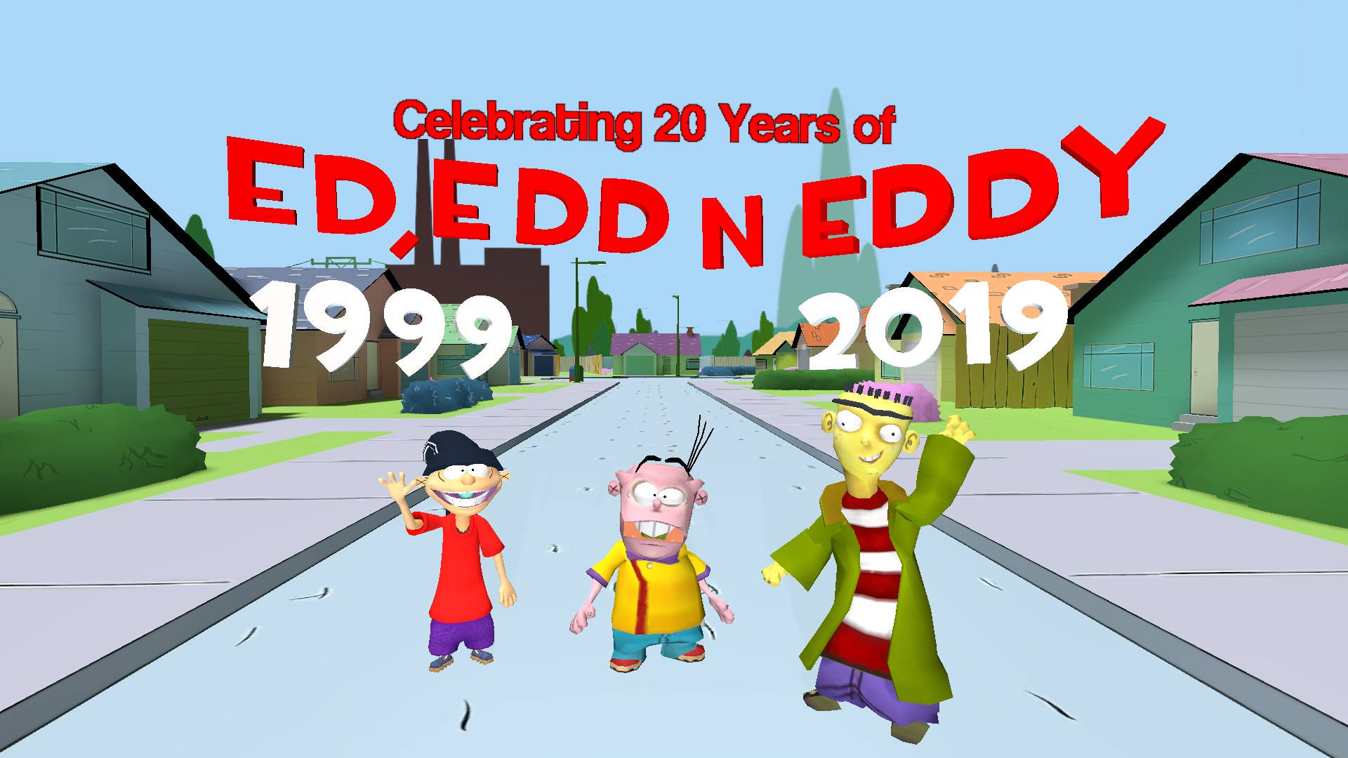 eddy 桌布 壁紙 — 三個卡通男孩在晴朗的藍天下沿著郊區街道愉快地揮手，慶祝 Ed Edd n Eddy 20 週年。