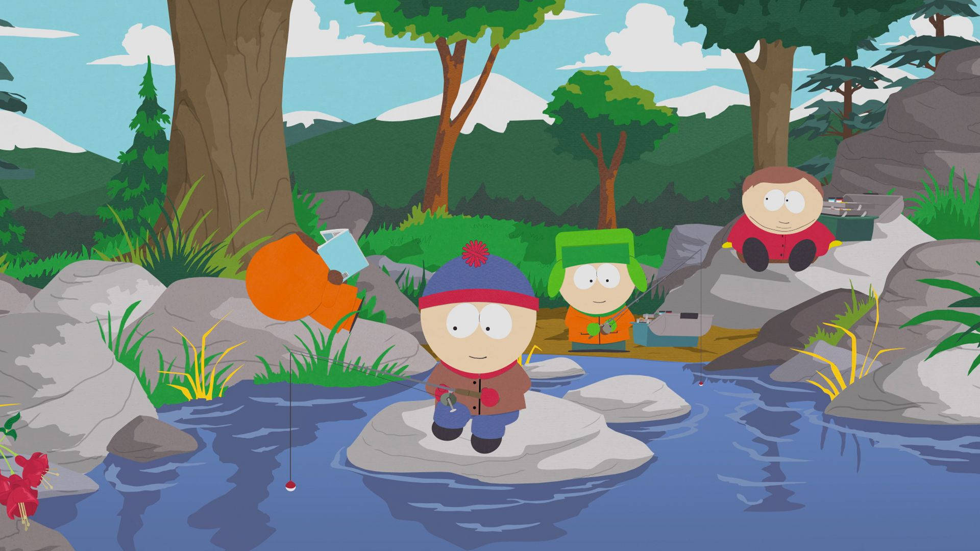 Kyle Broflovski 桌布 壁紙 — 三個卡通男孩在森林溪流中的岩石上釣魚，背景有山脈和樹木。