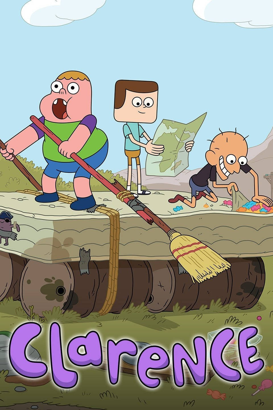 Animated 桌布 壁紙 — 三個卡通男孩在藍天白雲下，用巨型掃帚和地圖探索浮島。