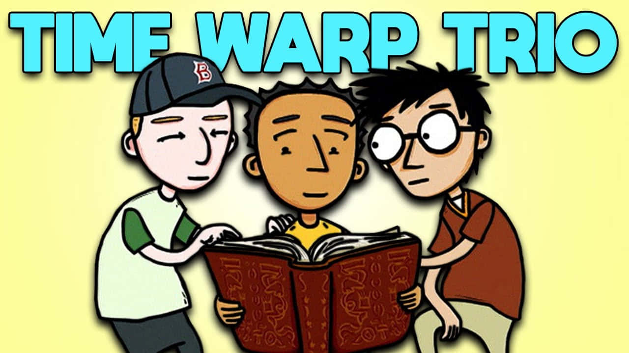 Animated 桌布 壁紙 — 三個卡通男孩好奇地圍著一本名為《Time Warp Trio》的古書。