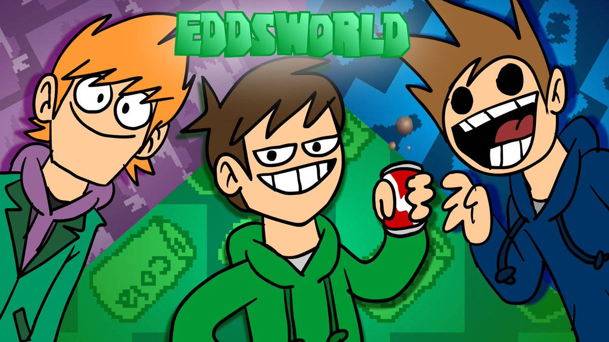 Eddsworld 桌布 壁紙 — 三個卡通男孩帶著誇張的表情，站在像素化的綠色和紫色背景前，背景上有EDDSWORLD文字。