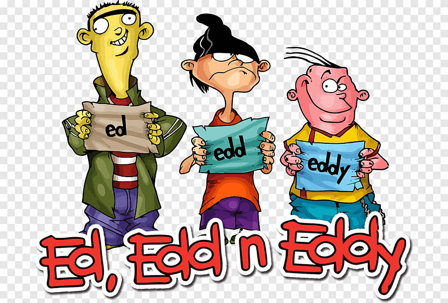 ed 桌布 壁紙 — 三個卡通男孩舉著名牌，站在以粗體紅色字體顯示的節目名稱上方。