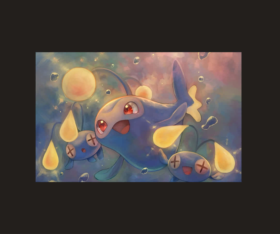 Pokemon Aesthetic 桌布 壁紙 — 三個卡通藍色鯨魚狀生物，帶有發光的黃色水滴，漂浮在夢幻的粉彩水下場景中。