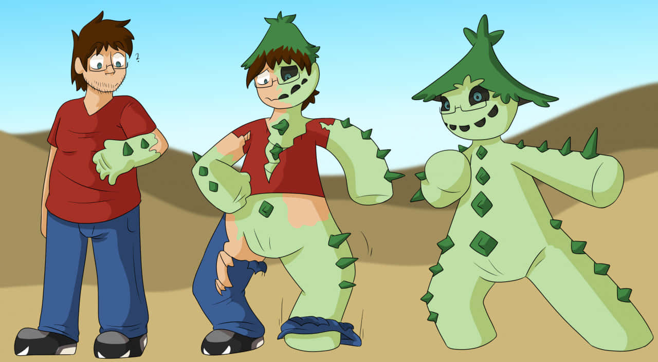 Cartoon 桌布 壁紙 — 三個卡通角色，一個人類和兩個綠色尖刺怪物版本，站在沙漠景觀中。