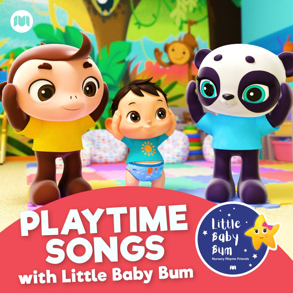 Baby Boy 桌布 壁紙 — 三個卡通角色，一隻猴子、一隻熊貓寶寶和一個孩子，一起站在色彩繽紛、充滿玩樂氣氛的育兒室環境中。