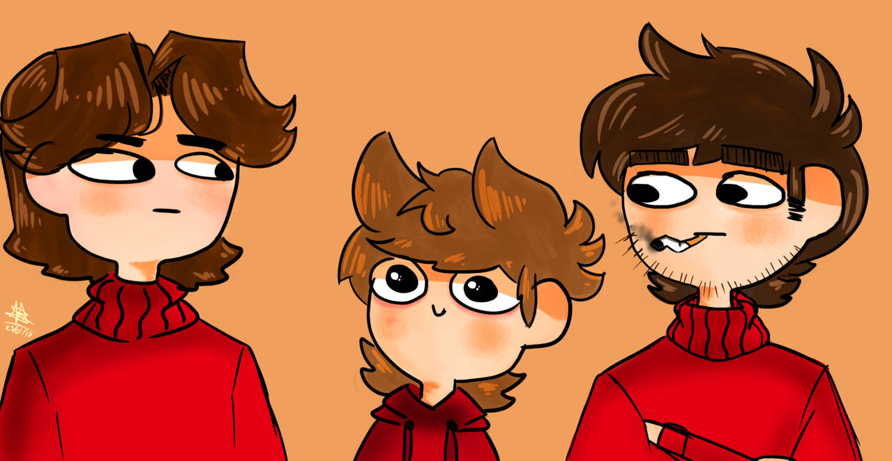 Eddsworld 桌布 壁紙 — 三個卡通角色，棕色頭髮，紅色高領毛衣，站在純橙色背景前。