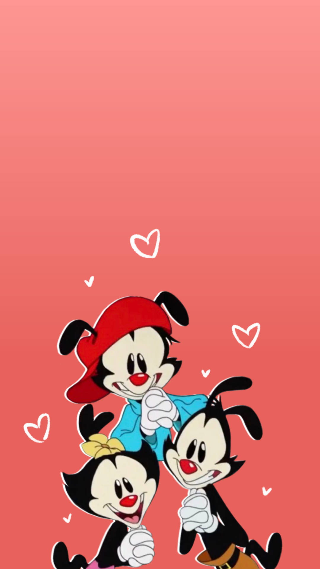 Animaniacs 桌布 壁紙 — 三個卡通角色，紅鼻子和心形圖案漂浮在他們周圍，背景是柔和的粉紅色漸變。