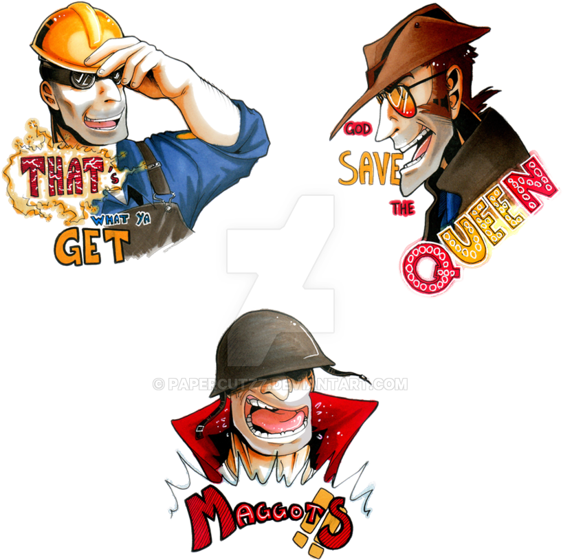 Tf2 桌布 壁紙 — 三個卡通角色，誇張的笑容和粗體文字標誌，背景為黑色。