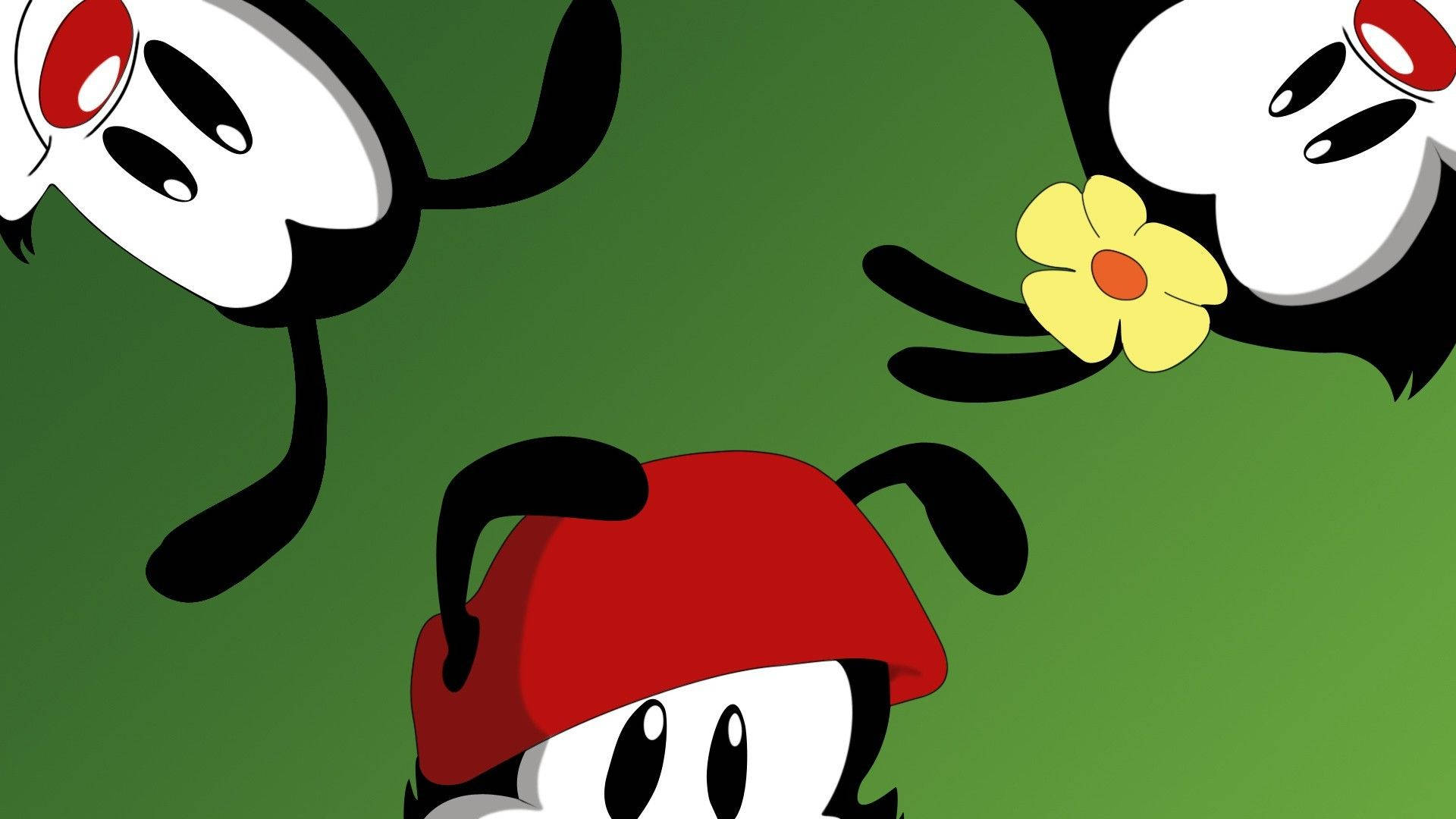 Animaniacs 桌布 壁紙 — 三個卡通角色，黑色四肢、白色臉龐，漂浮在純綠色背景上，其中一個拿著一朵黃花。