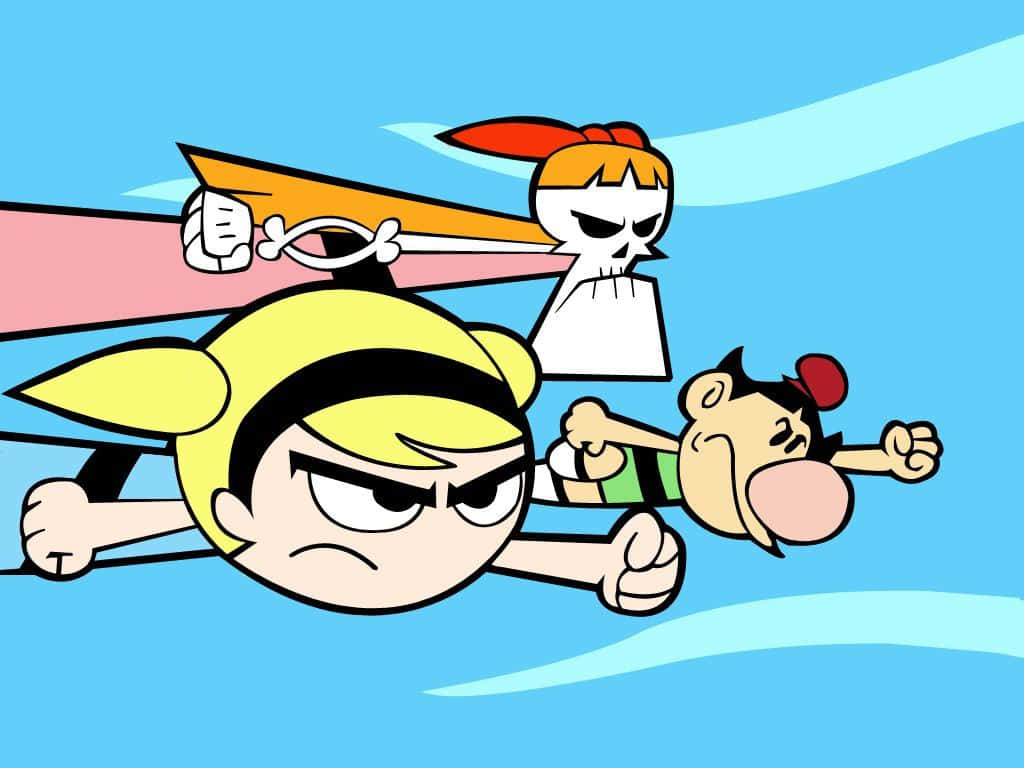 the grim adventures of billy and mandy 桌布 壁紙 — 三個卡通角色以堅定的表情和動態的動作線條飛過明亮的藍天。