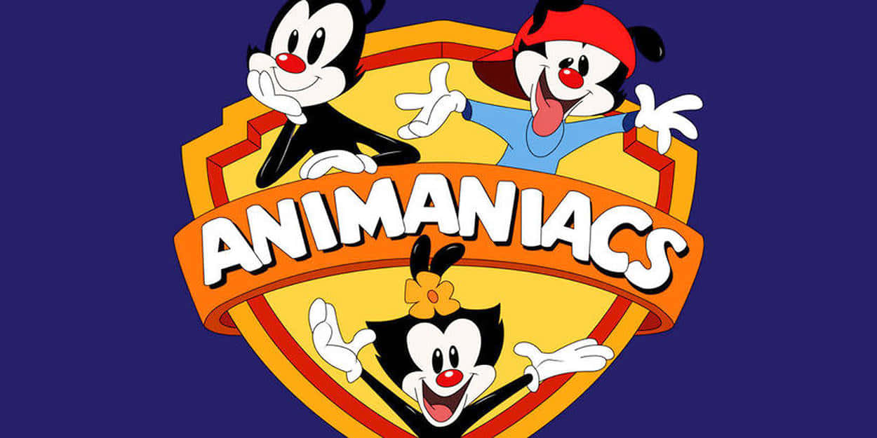 Animaniacs 桌布 壁紙 — 三個卡通角色在一個盾牌標誌中，帶有粗體橙色文字，背景為深藍色。