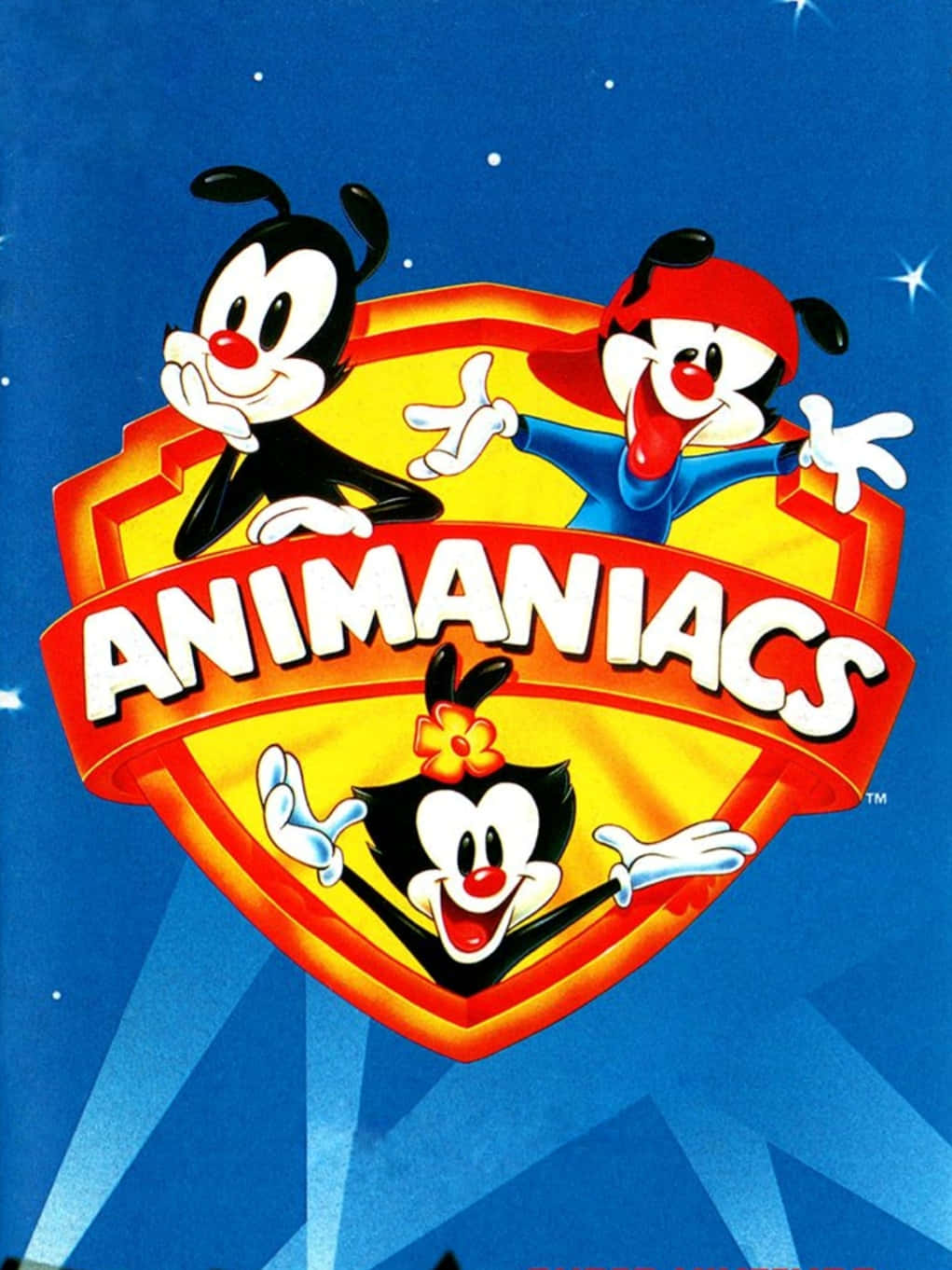 Animaniacs 桌布 壁紙 — 三個卡通角色在一個盾牌標誌中，背景是星空藍色，帶有鮮明的紅色、黃色和白色。