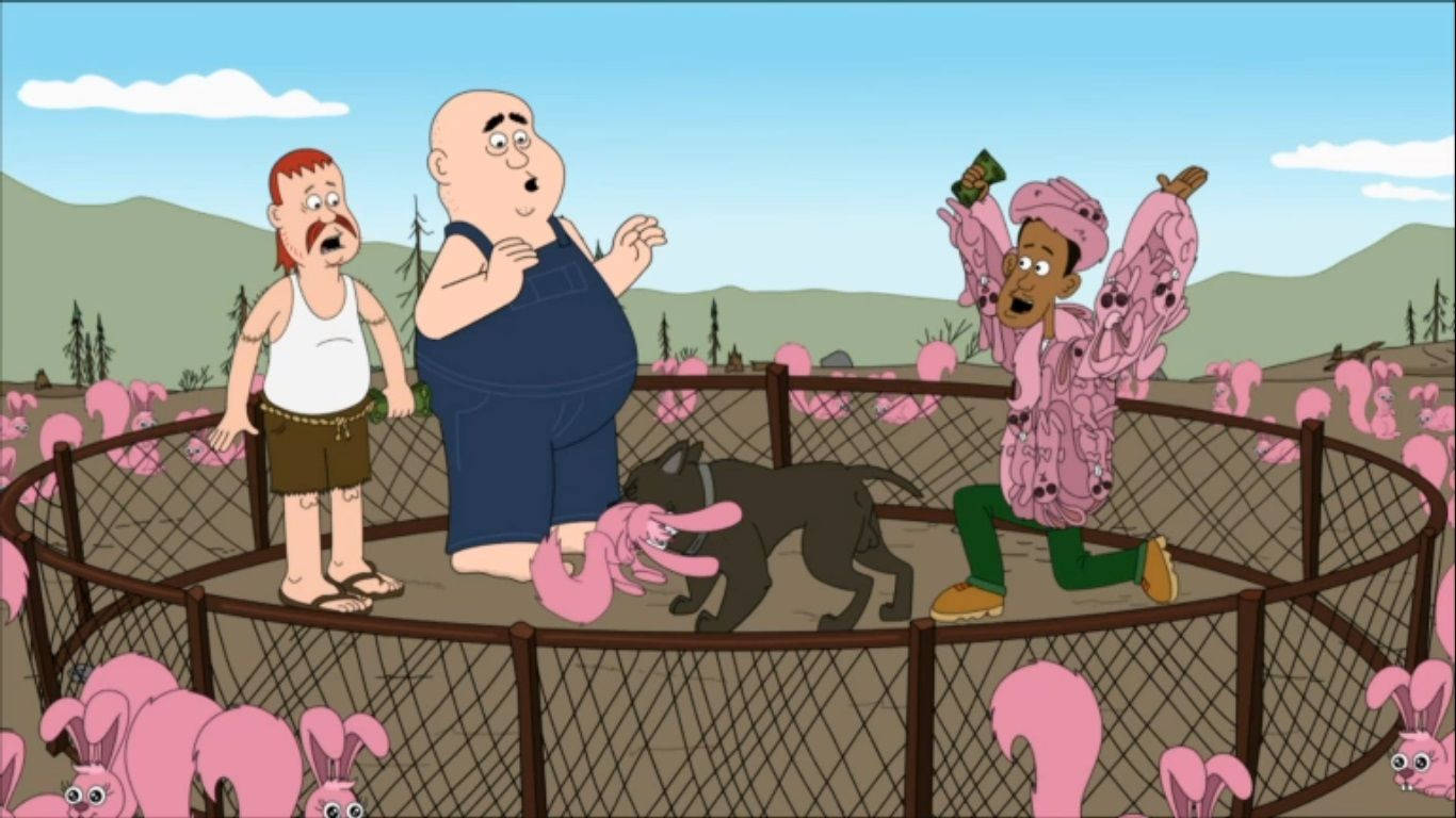 動物 桌布 壁紙 — 三個卡通角色在一個被粉紅色兔子佔領的圍欄內，在晴朗的藍天下震驚地反應。