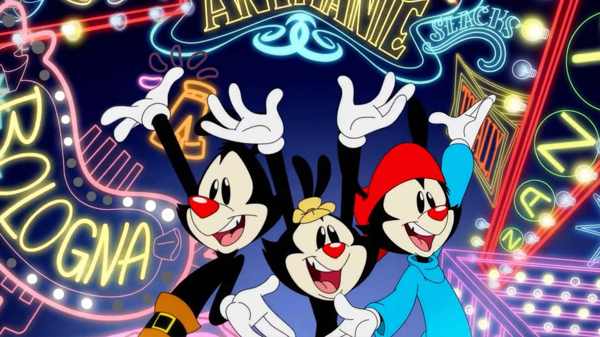 Animaniacs 桌布 壁紙 — 三個卡通角色在充滿活力的霓虹燈賭場背景下，帶著發光招牌開心擺姿勢。