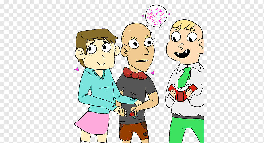 2d 桌布 壁紙 — 三個卡通角色在婚禮場景中，有新娘、新郎和一位拿著書本的司儀。