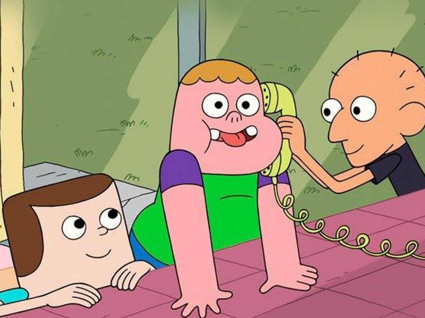 Animated 桌布 壁紙 — 三個卡通角色在房間裡，一個在講黃色電話，另一個在微笑，第三個躺在地上。