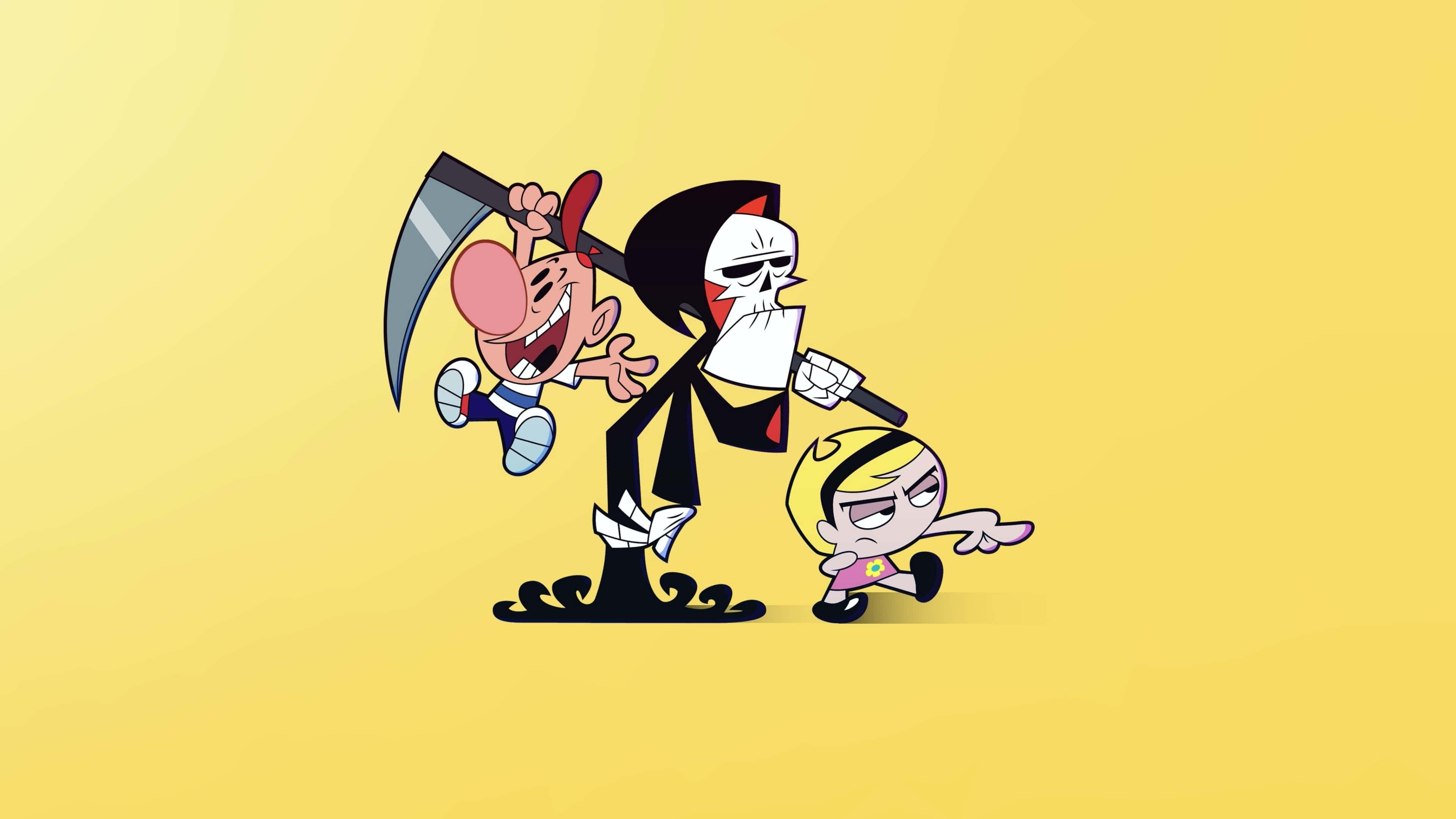 the grim adventures of billy and mandy 桌布 壁紙 — 三個卡通角色在純黃色背景上擺出動態姿勢。
