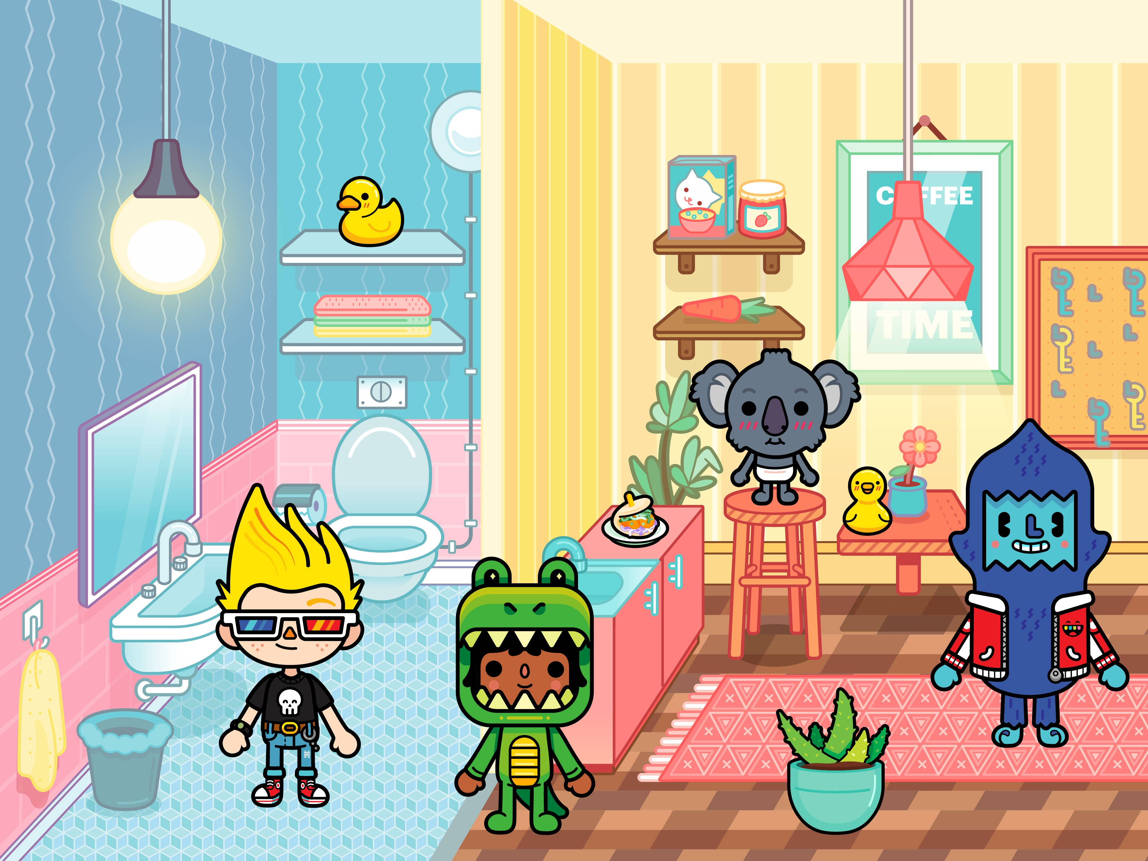Toca 桌布 壁紙 — 三個卡通角色在色彩繽紛的浴室和廚房，配有俏皮裝飾和一隻坐在凳子上的無尾熊。