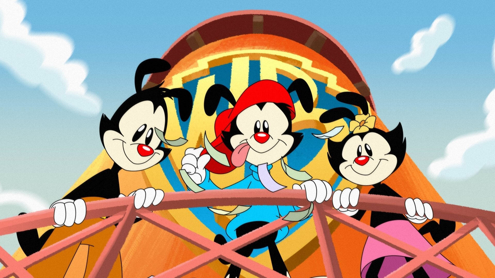 Animaniacs 桌布 壁紙 — 三個卡通角色在雲霄飛車車廂中，在藍天白雲背景下狡猾地笑著。