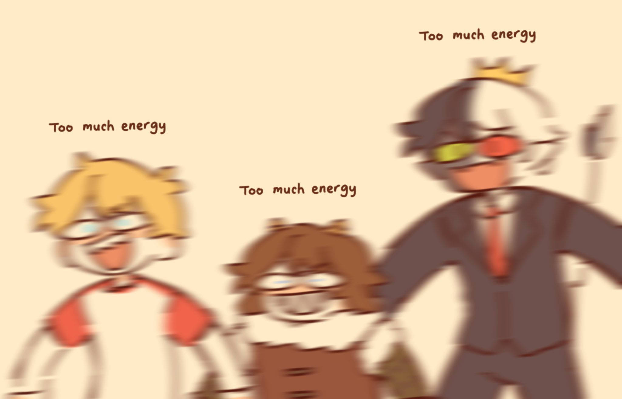 Tubbo 桌布 壁紙 — 三個卡通角色帶有動態模糊和「Too much energy」文字，在米色背景上散發出混亂的興奮感。