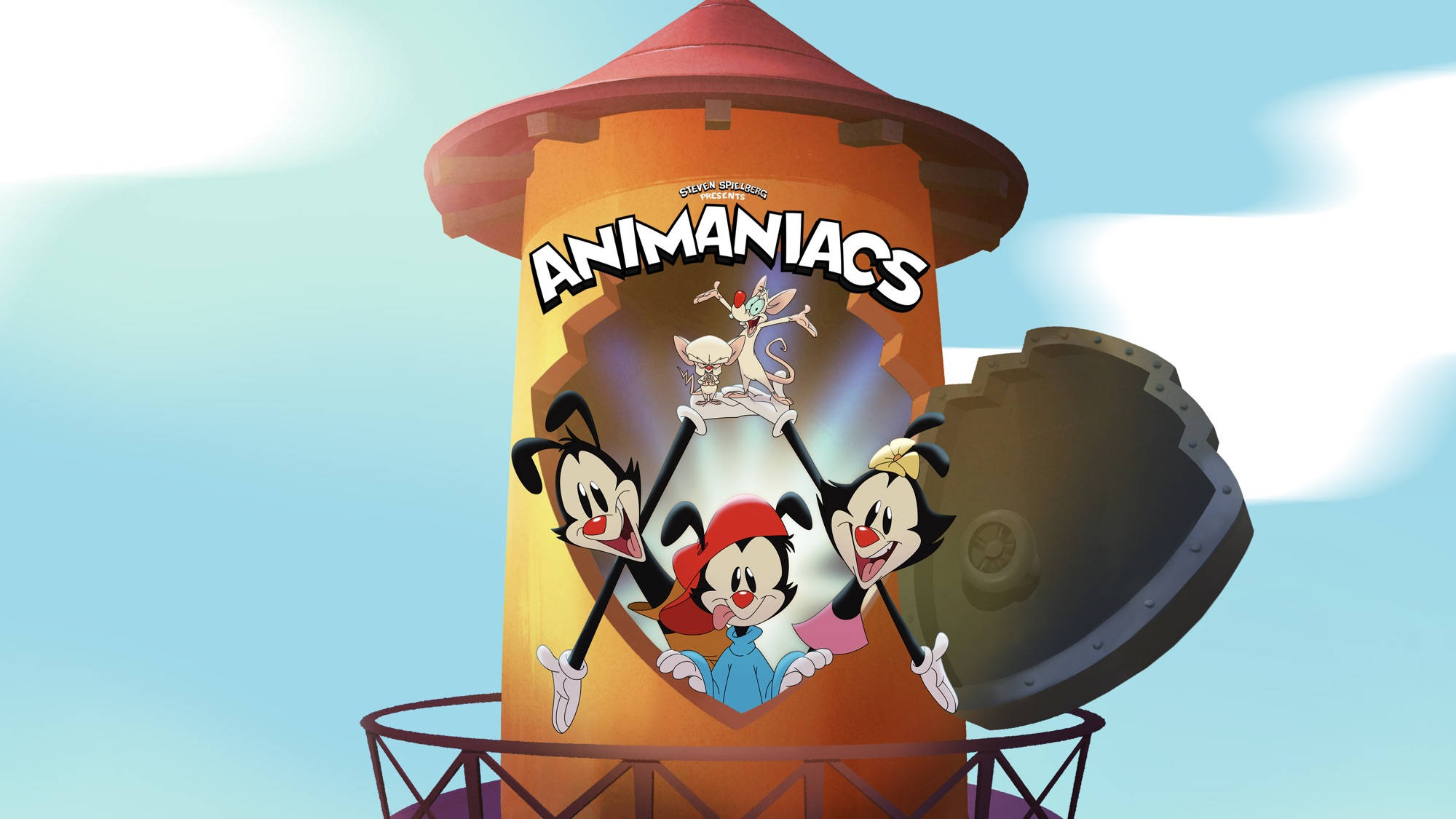 Animaniacs 桌布 壁紙 — 三個卡通角色從一個帶有 'Animaniacs' 標誌和頂部有老鼠的水塔中愉快地探出頭來，背景是明亮的藍天。