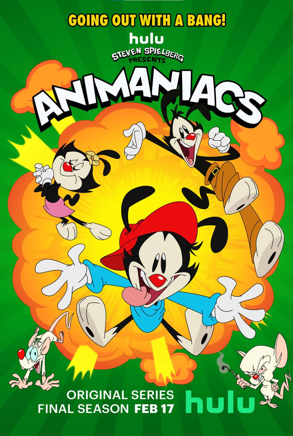 Animaniacs 桌布 壁紙 — 三個卡通角色從熾熱的爆炸中衝出，背景是充滿活力的綠色，並以粗體文字宣佈Animaniacs最終季。