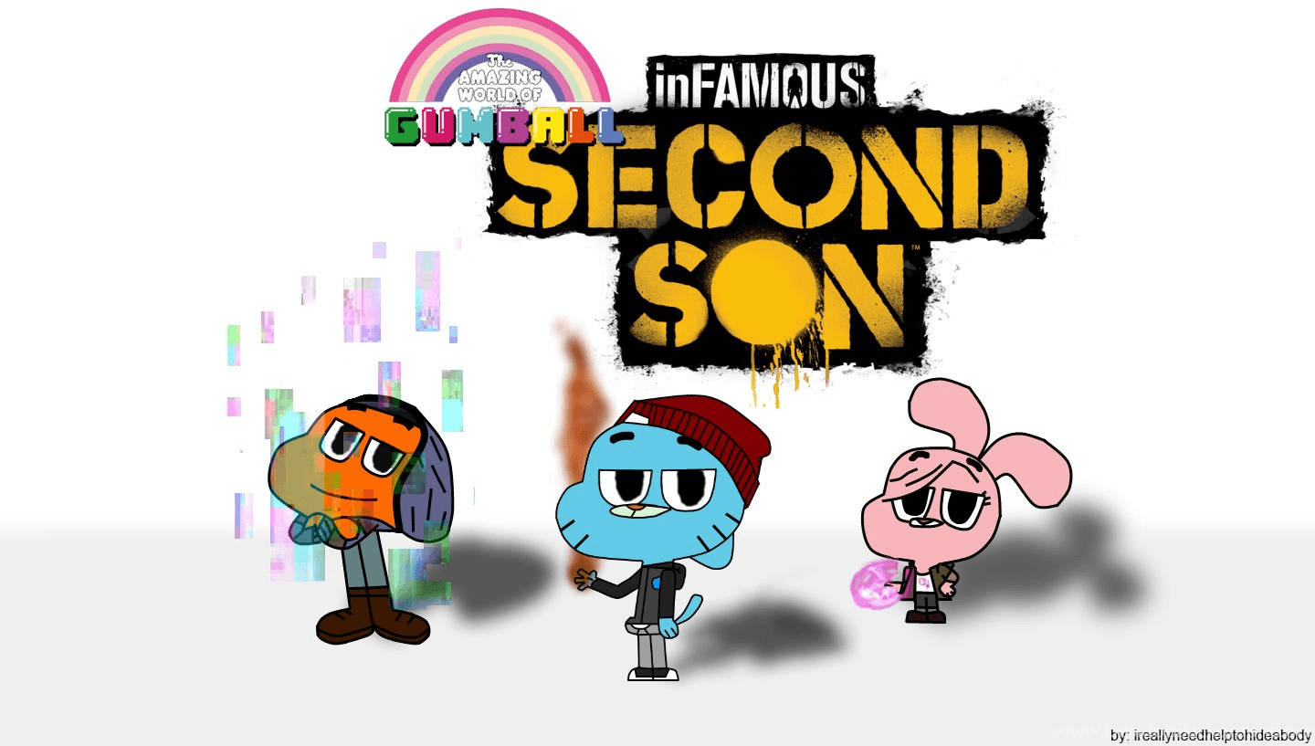 Gumball 桌布 壁紙 — 三個卡通角色站在一個塗鴉風格的 'inFAMOUS SECOND SON' 標誌下，帶有彩虹和故障效果。