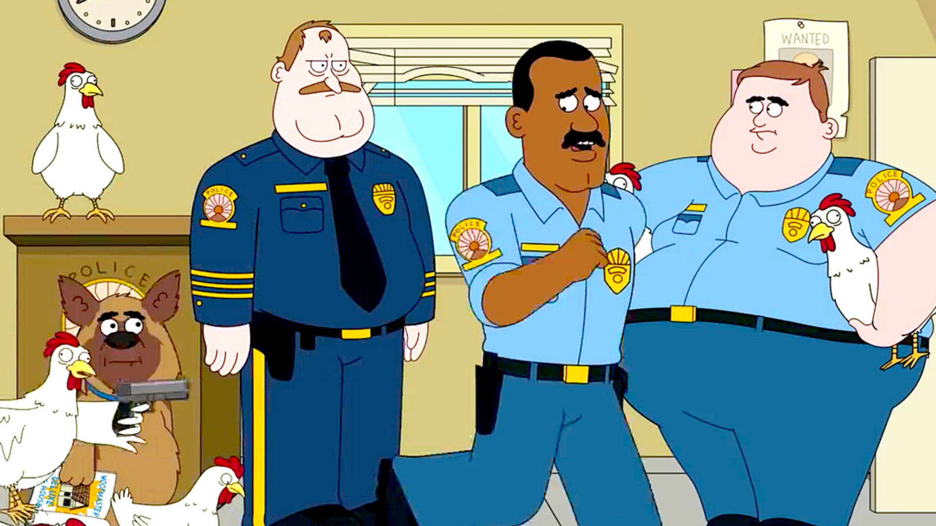 Cartoon Animal 桌布 壁紙 — 三個卡通警察和一隻狗站在一個有雞和通緝海報的房間裡。