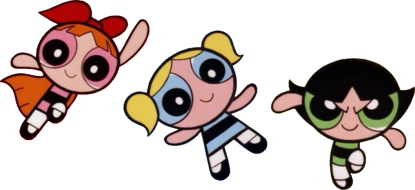 Powerpuff Girls 桌布 壁紙 — 三個卡通超級英雄女孩在白色背景上以粗線條和鮮豔色彩動態飛行。