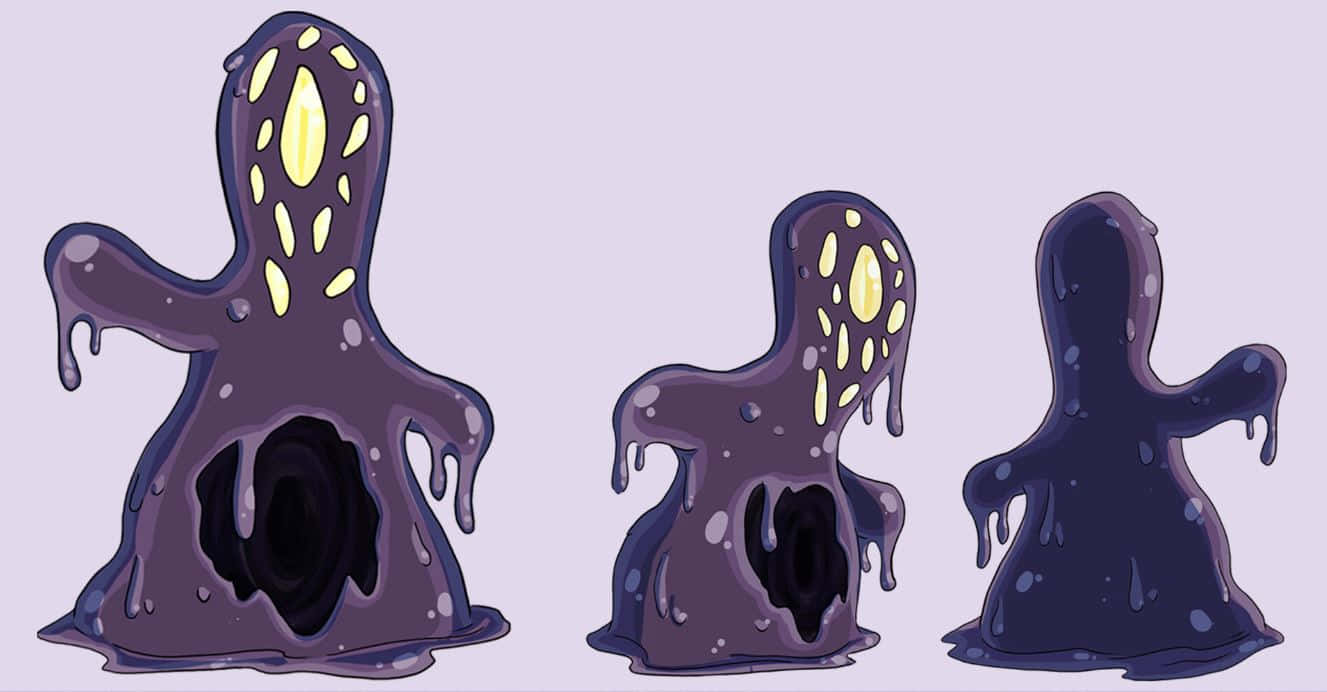 Halloween Slime 桌布 壁紙 — 三個卡通風格、紫色黏糊糊的生物，身上有發光的黃色斑點和胸前的黑洞，站在淺紫色背景前。