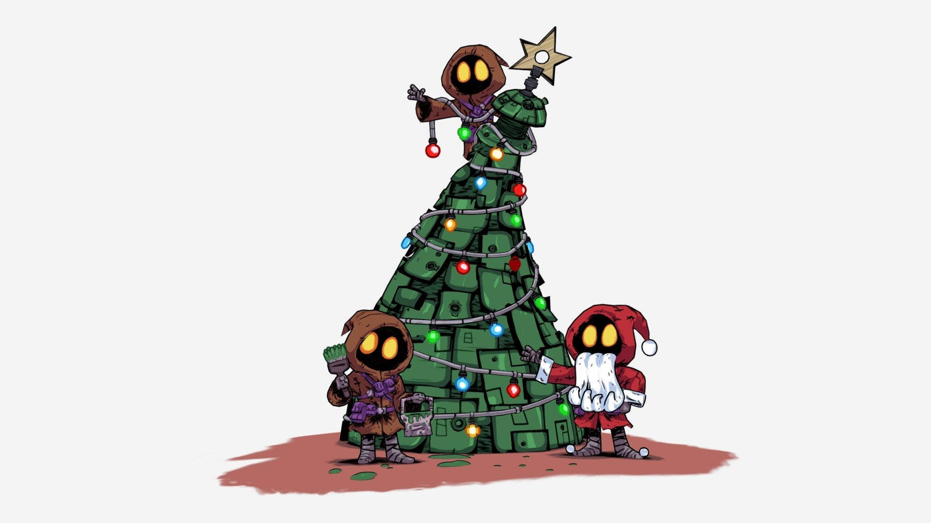 Star Wars Christmas 桌布 壁紙 — 三個卡通風格戴帽人物用彩色燈飾和星星裝飾一個方塊狀的綠色聖誕樹。