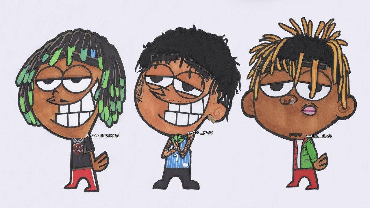 三個卡通角色，笑容燦爛，髮型色彩繽紛，穿著街頭服飾。 — Juice Wrld 壁紙
