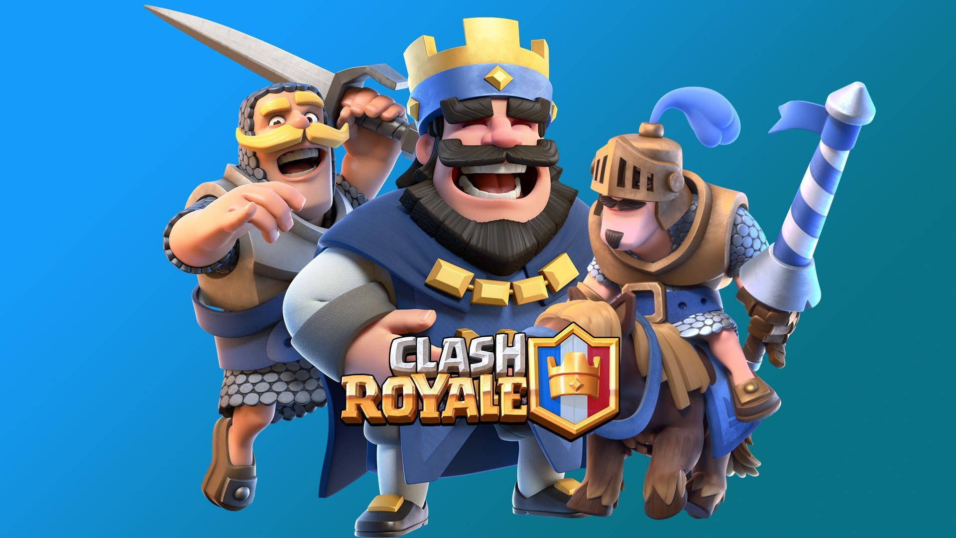 Clash Royale 桌布 壁紙 — 三個卡通風格的《部落衝突：皇室戰爭》角色在漸變藍色背景上兇狠地咧嘴笑。