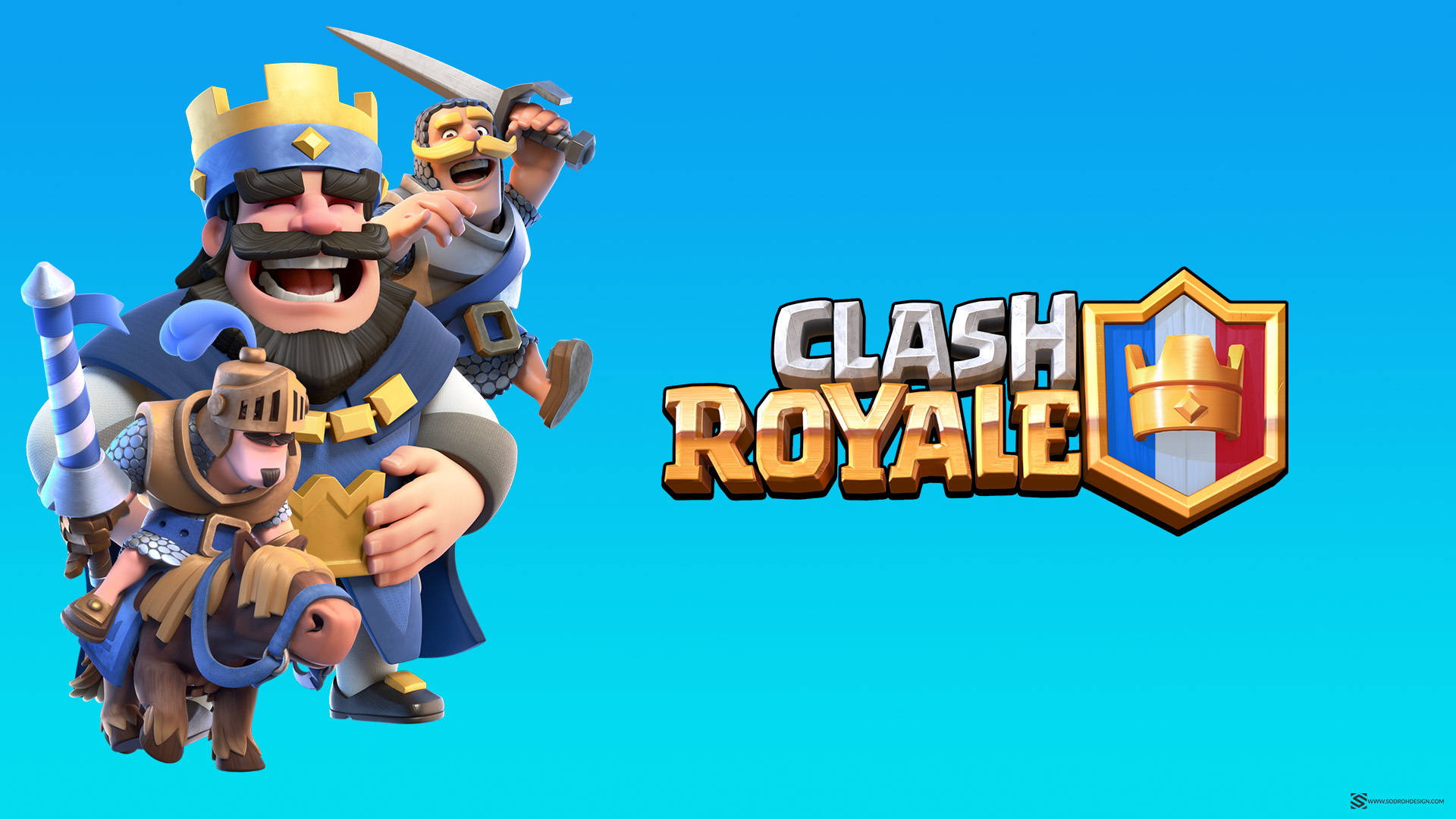 Clash Royale 桌布 壁紙 — 三個卡通風格的《部落衝突：皇室戰爭》角色在明亮的藍色背景前與遊戲標誌一起愉快地擺姿勢。