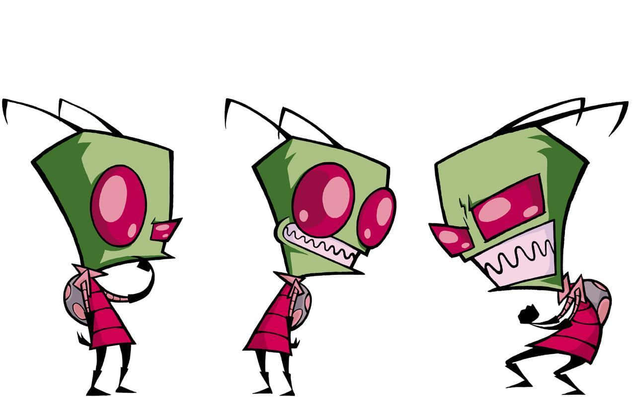 Invader Zim 桌布 壁紙 — 三個卡通風格的綠色外星人穿著紅色服裝，在純白色背景前展示從害羞到憤怒的升級表情。