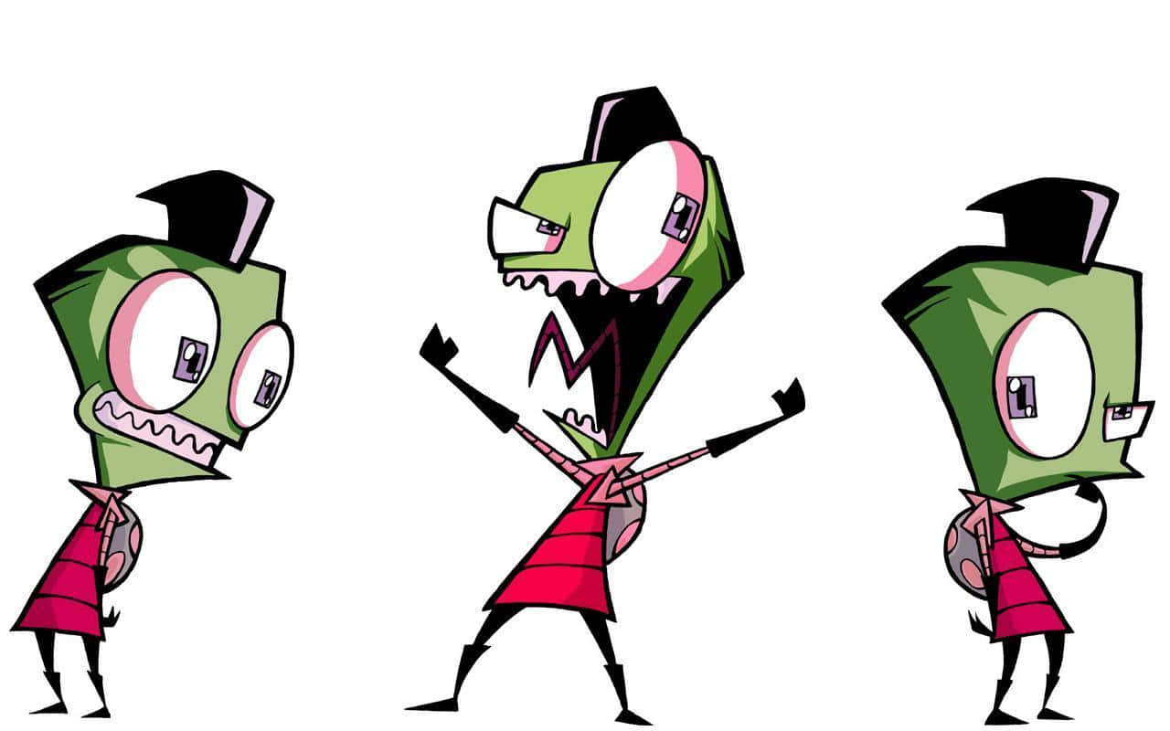 Invader Zim 桌布 壁紙 — 三個卡通風格的綠色外星人穿著紅色服裝，在純白色背景前擺出誇張的表情。