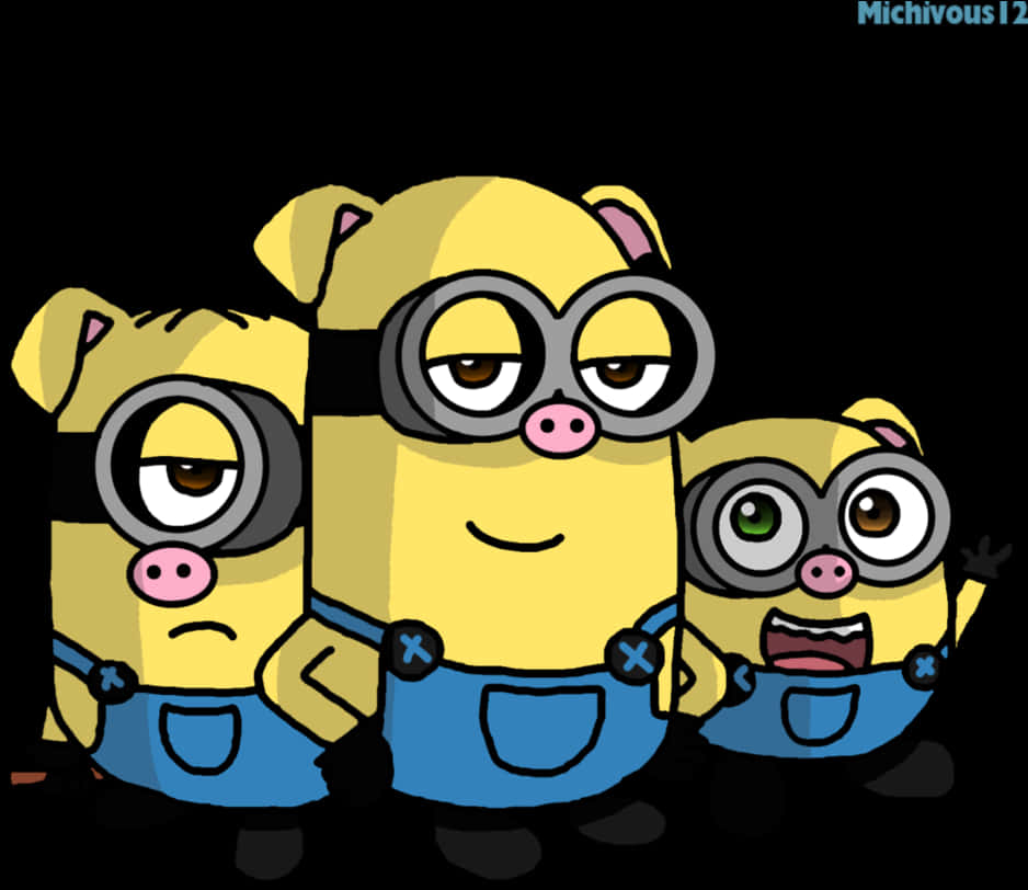 Minion Clipart 桌布 壁紙 — 三個卡通風格的黃色小小兵戴著護目鏡和藍色吊帶褲，站在黑色背景前，展現多種表情。