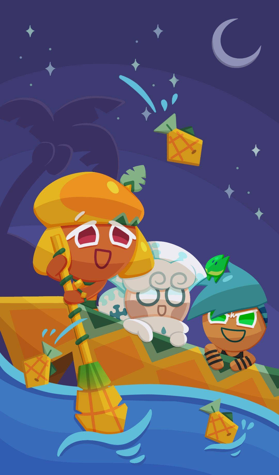 跑跑薑餅人：王國 桌布 壁紙 — 三個卡通餅乾角色在星空下划船，背景有新月和棕櫚樹。