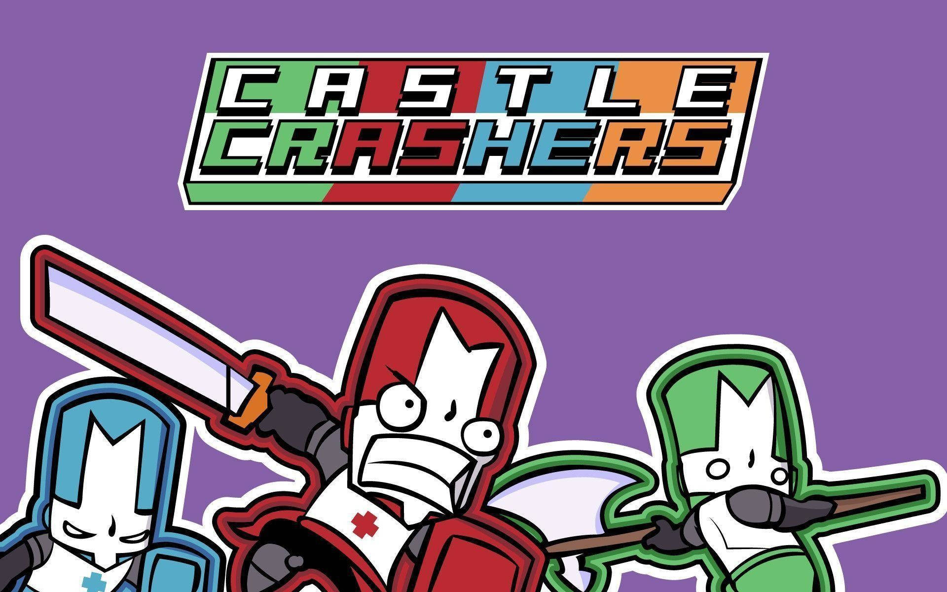 Castle Crashers 桌布 壁紙 — 三個卡通騎士，身穿紅色、藍色和綠色盔甲，在 Castle Crashers 標誌下，於紫色背景前準備好揮劍。