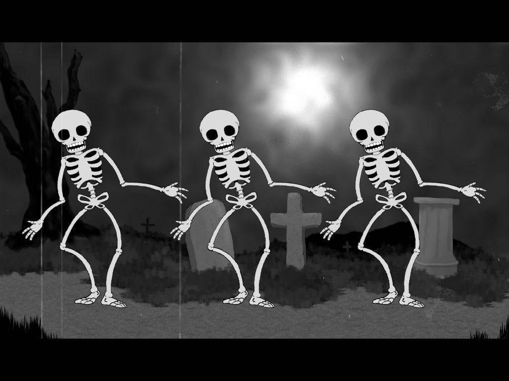Skeleton Dancing 桌布 壁紙 — 三個卡通骷髏在明亮的滿月下在陰森的墓地上快樂地跳舞。