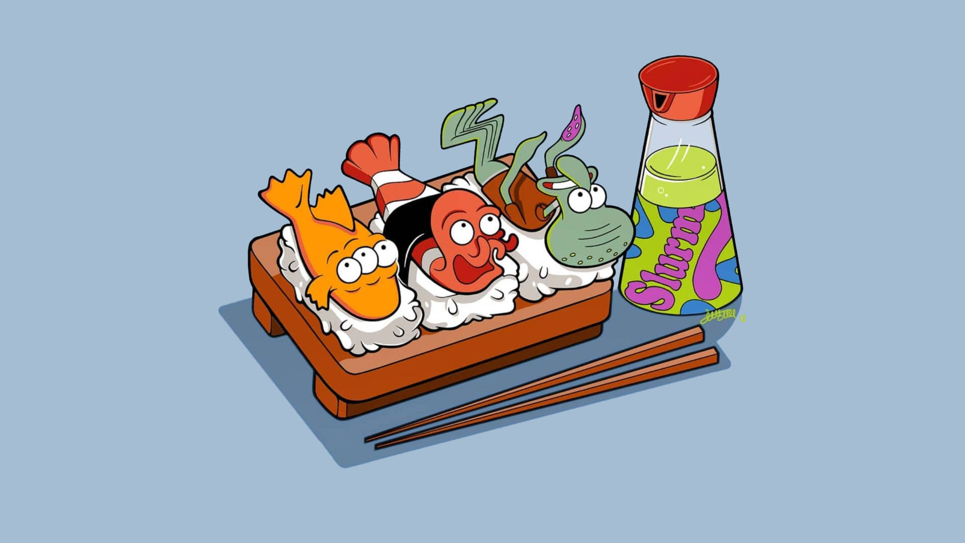 Sushi 桌布 壁紙 — 三個卡通魚角色在壽司捲上休息，附近有筷子和醬油瓶。
